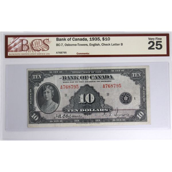 BC-7 1935 $10 English BCS VF25. Osborne-Towers SN: A768795