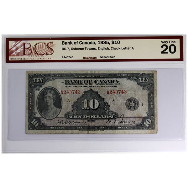 BC-7 1935 $10 English BCS VF20 Osborne-Towers SN: A243743 Check Letter A (Minor Stain)