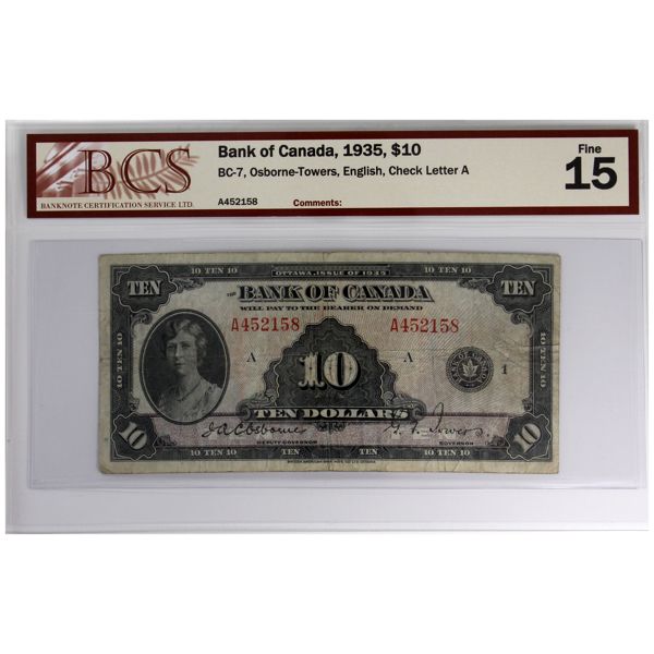 BC-7 1935 $10 English BCS F15 Osborne-Towers SN: A452158 Check Letter A