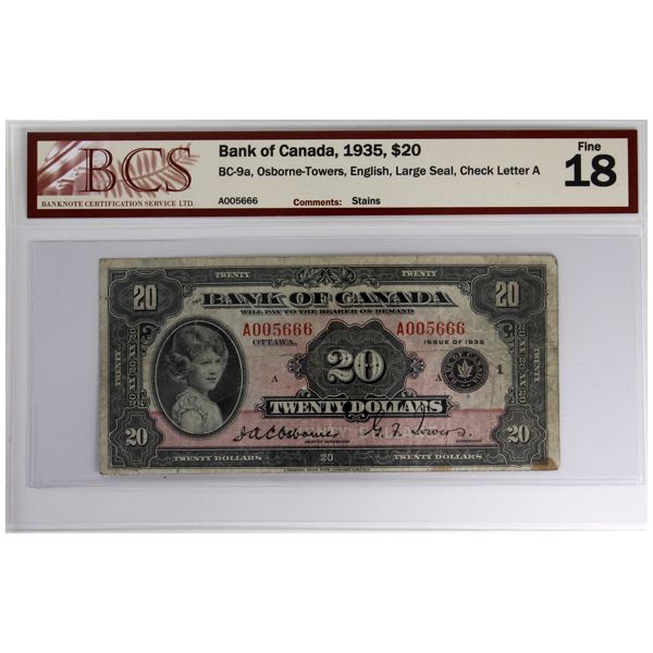 BC-9a 1935 $20 English BCS F18 Osborne-Towers SN: A005666 Check Letter A (Stains)