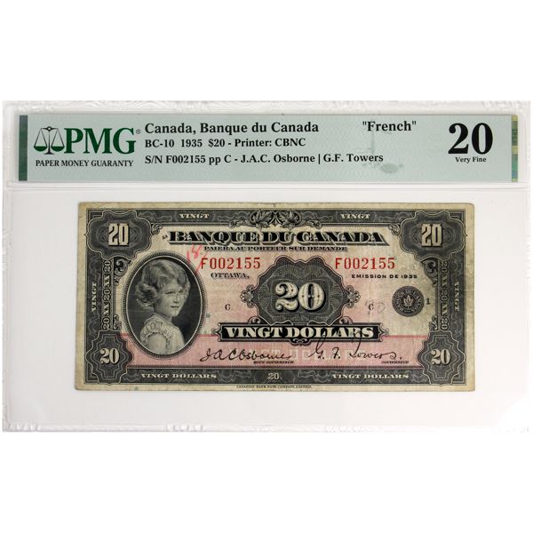 BC-10 1935 $20 French PMG VF20 Osborne-Towers SN: F002155 pp C (Writing)