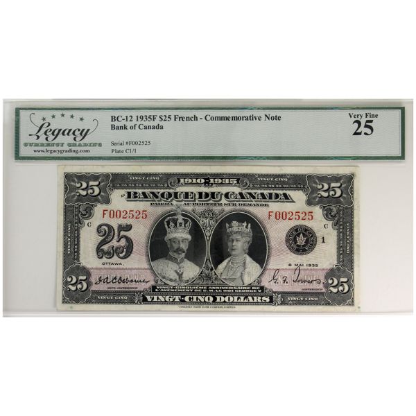 BC-12 1935 $25 French Legacy VF25 Osborne-Towers, Neat Serial Number, SN: F002525 Check Letter C