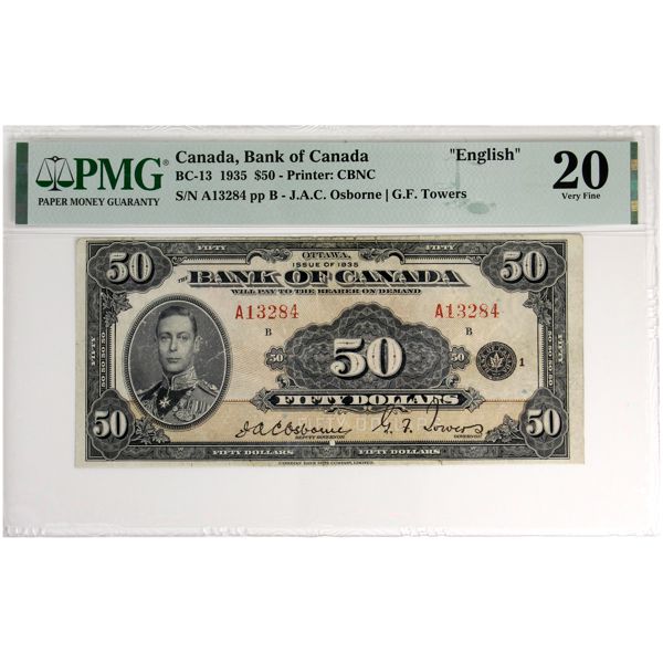 BC-13 1935 $50 English PMG VF20 Osborne-Towers SN: A13284 pp B (Edge Repairs)