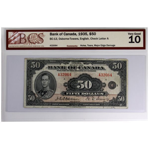 BC-13 1935 $50 English BCS VG10 Osborne-Towers SN: A32064 Check Letter A