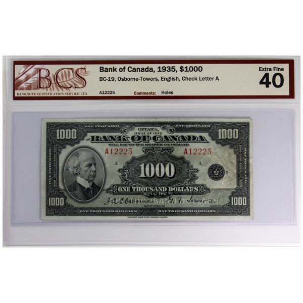 BC-19 1935 $1000 English BCS EF40 Osborne-Towers SN: A12225 Check Letter A (Holes)