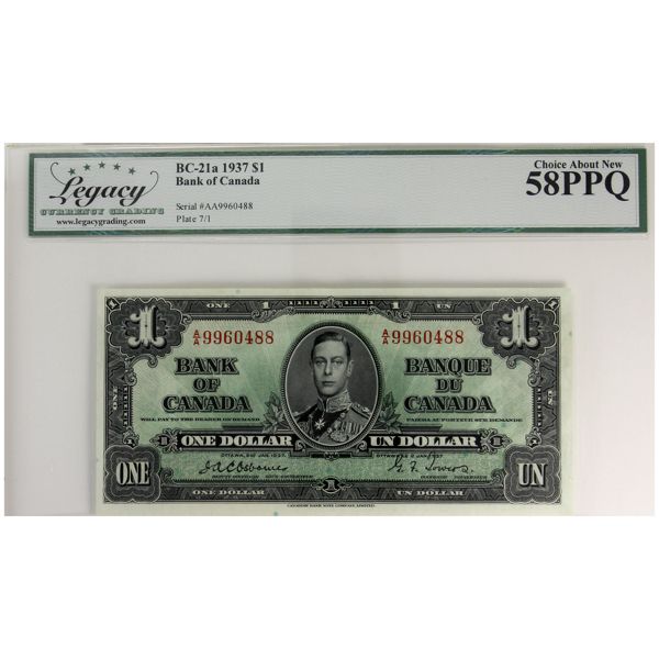BC-21a 1937 $1 Legacy AU58 PPQ Osborne-Towers SN: A/A9960488
