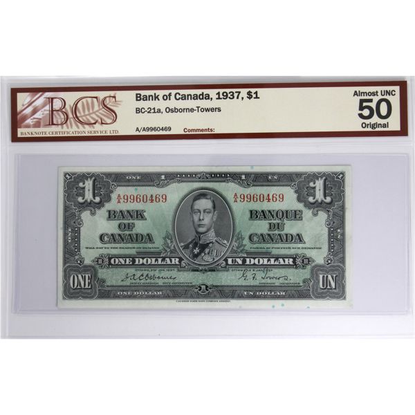 BC-21a 1937 $1 BCS AU50 Original Osborne-Towers SN: A/A9960469