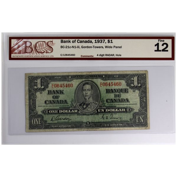 RADAR BC-21c-N1-iii 1937 $1 C/L0645460 BCS F12 Gordon-Towers Wide Panel (Hole) 4-Digit Radar