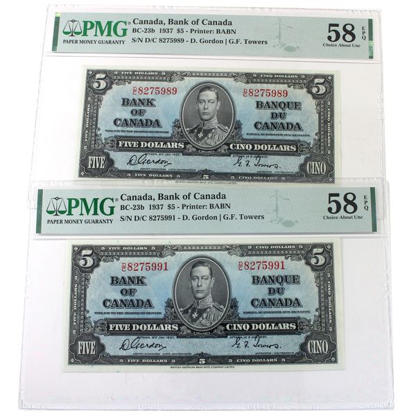 Pair BC-23b 1937 $5 PMG AU58 EPQ Gordon-Towers SN: D/C8275989, D/C8275991. 2pcs