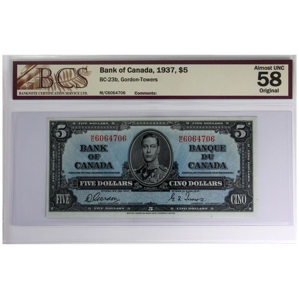BC-23b 1937 $5 BCS AU58 Original Gordon-Towers SN: M/C6064706