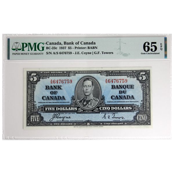 BC-23c 1937 $5 PMG GEM UNC65 EPQ! Coyne-Towers SN: A/S6476759