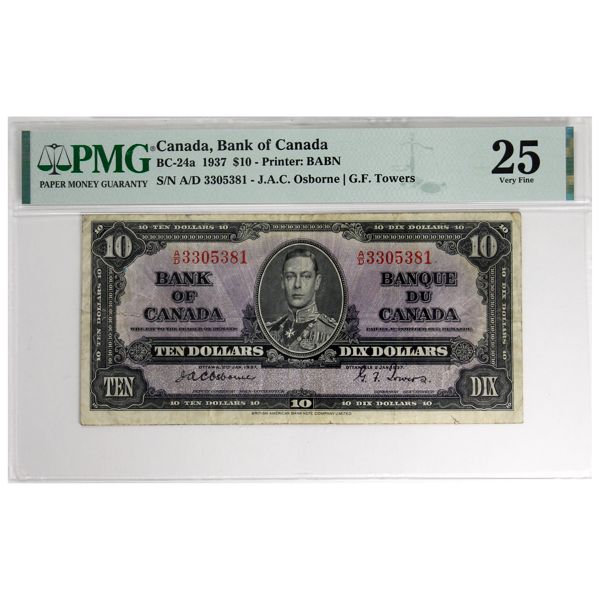 BC-24a 1937 $10 PMG VF25. Osborne-Towers SN: A/D3305381. 