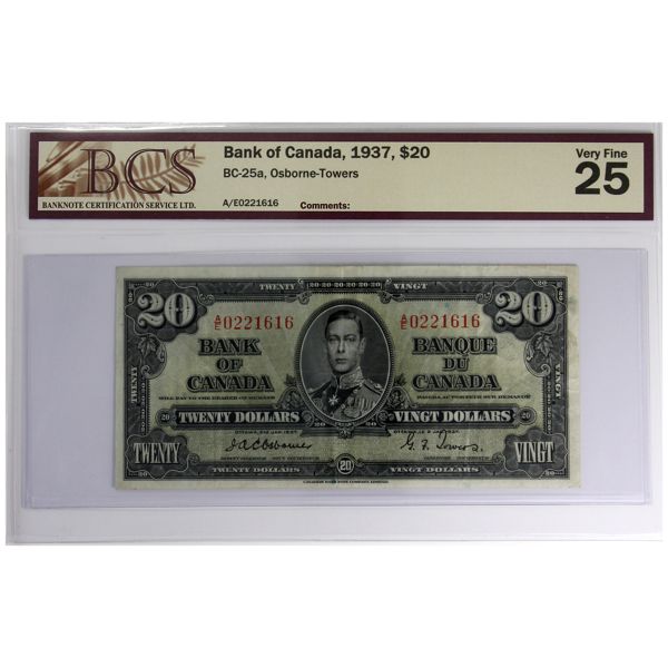 BC-25a 1937 $20 BCS VF25 Osborne-Towers SN: A/E0221616