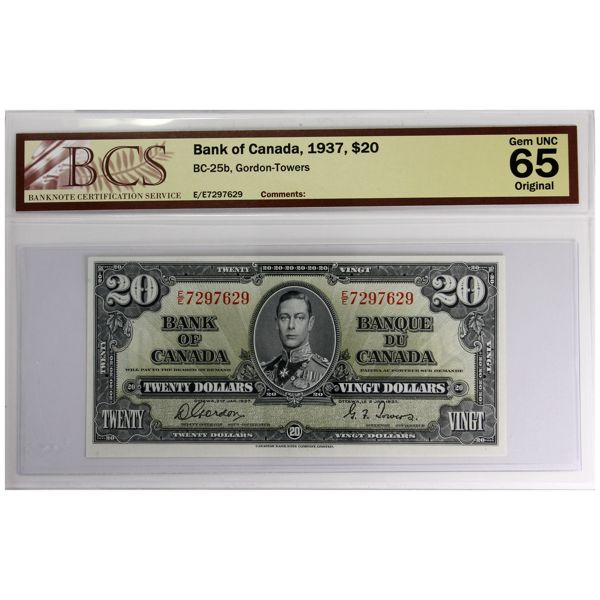 BC-25b 1937 $20 BCS GEM UNC65 Original Gordon-Towers SN: E/E7297629