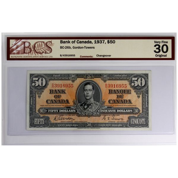 BC-26b 1937 $50 BCS VF30 Original Gordon-Towers SN: B/H3916955 (Changeover)