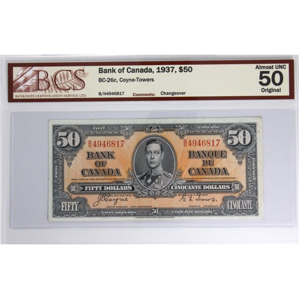 BC-26c 1937 $50 BCS AU50 Original Coyne-Towers SN: B/H4946817