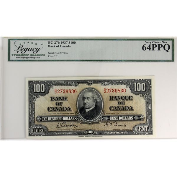BC-27b 1937 $100 Legacy CUNC64 PPQ Gordon-Towers SN: B/J2739836