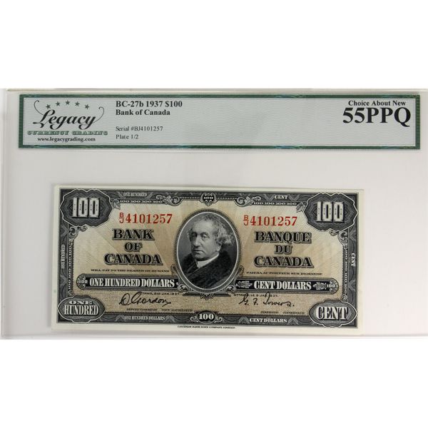 BC-27b 1937 $100 Legacy AU55 PPQ Gordon-Towers SN: B/J4101257