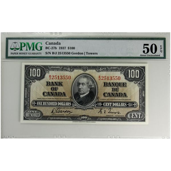 BC-27b 1937 $100 PMG AU50 EPQ Gordon-Towers SN: B/J2513550