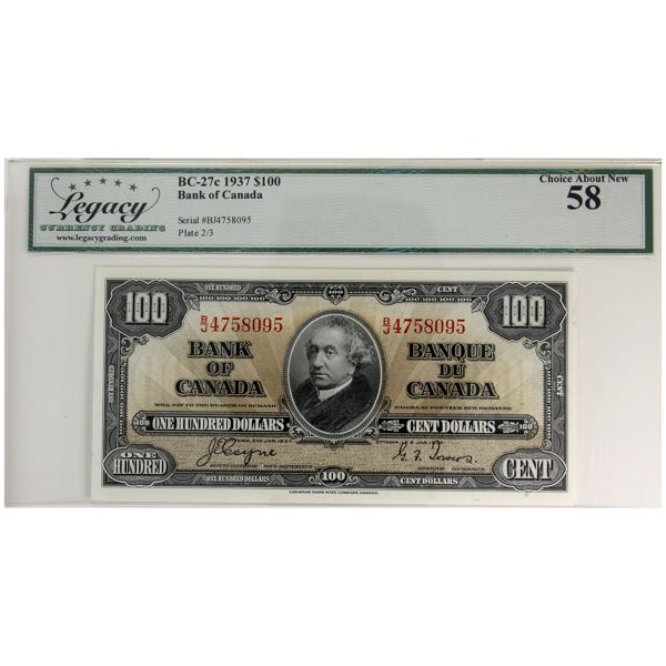 BC-27c 1937 $100 Legacy AU58 Coyne-Towers SN: B/J4758095