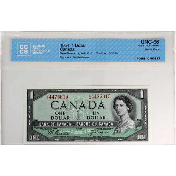 BC-29b 1954 $1 Devil's Face CCCS GEM UNC66 Beattie-Coyne SN: L/A4475615