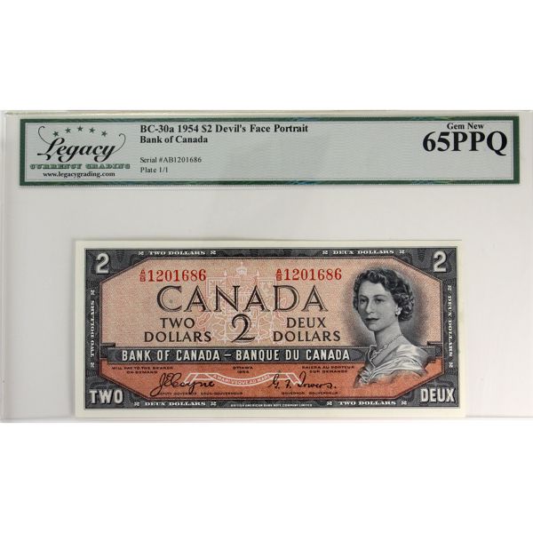 BC-30a 1954 $2 Devil's Face Legacy GEM UNC65 PPQ Coyne-Towers SN: A/B1201686