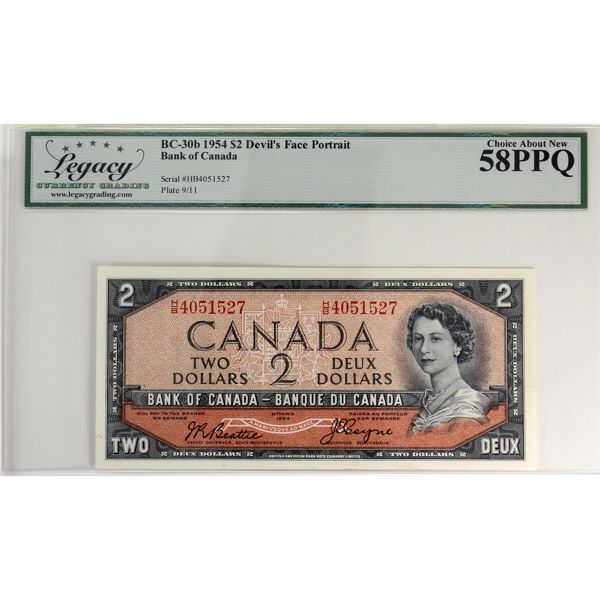 BC-30b 1954 $2 Devil's Face Legacy AU58 PPQ Beattie-Coyne SN: H/B4051527 Plate 9/11