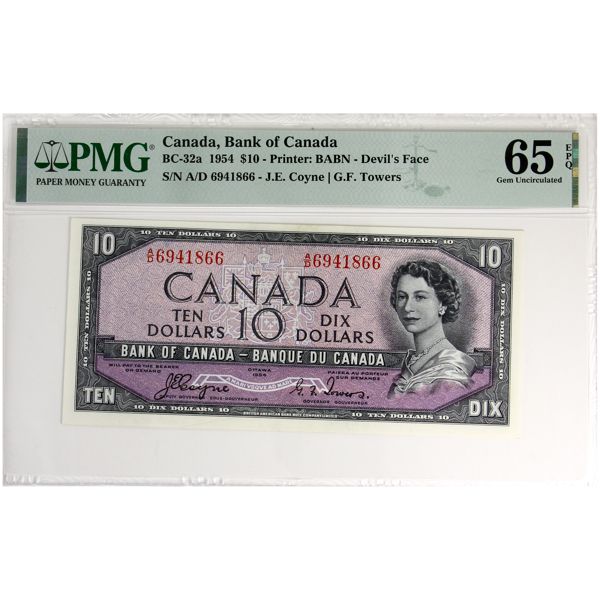BC-32a 1954 $10 Devil's Face PMG GEM UNC65 EPQ Coyne-Towers SN: A/D6941866