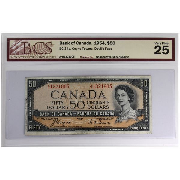 BC-34a 1954 $50 Devil's Face BCS VF25 Coyne-Towers, Changeover SN: A/H1321905
