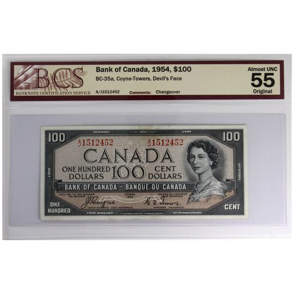 BC-35a 1954 $100 Devil's Face BCS AU55 Original Coyne-Towers, Changeover SN: A/J1512452
