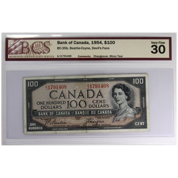 BC-35b 1954 $100 Devil's Face BCS VF30 Beattie-Coyne, Changeover SN: A/J1791468 (Minor Tear)