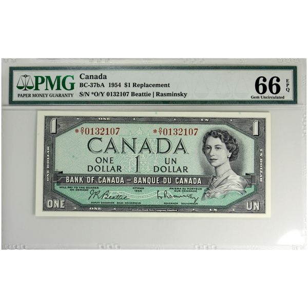 BC-37bA 1954 $1 *O/Y PMG GEM UNC66 EPQ Beattie-Rasminsky Replacement SN: *O/Y0132107