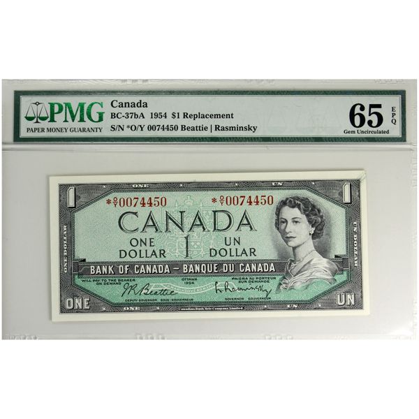 BC-37bA 1954 $1 *O/Y PMG GEM UNC65 EPQ Beattie-Rasminsky Replacement SN: *O/Y0074450 