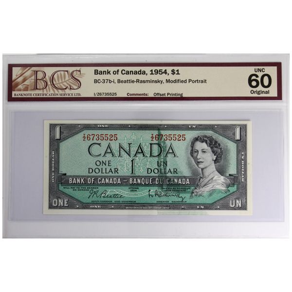 ERROR BC-37b-i 1954 $1 "Offset Printing" BCS UNC60 Original Beattie-Rasminsky SN: I/Z6735525 