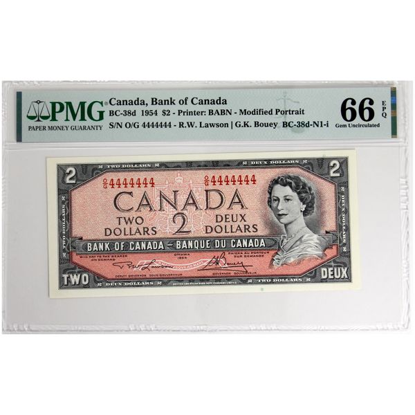 BC-38d-N1-i 1954 $2 'SOLID 4's' O/G4444444 PMG GEM UNC66 EPQ! Lawson-Bouey