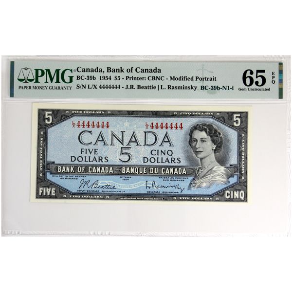 BC-39b-N1-i 1954 $5 SOLID 4's L/X4444444 PMG GEM UNC65 EPQ Beattie-Rasminsky