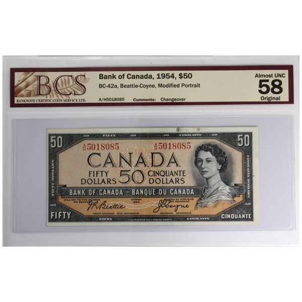 BC-42a 1954 $50 BCS AU58 Original Beattie-Coyne, Changeover SN: A/H5018085