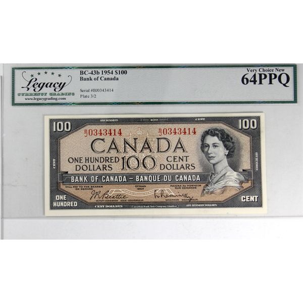 BC-43b 1954 $100 Legacy CUNC64 PPQ Beattie-Rasminsky SN: B/J0343414