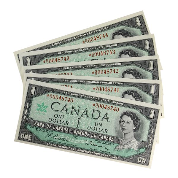 BC-45bA 1967 $1 *N/O Consecutive Uncirculated Beattie-Rasminsky Replacement *N/O. 5pcs