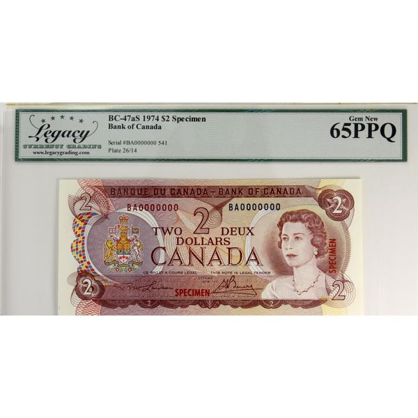 BC-47aS 1974 $2 Specimen Legacy GEM UNC65 PPQ Lawson-Bouey SN: BA0000000 (#541)
