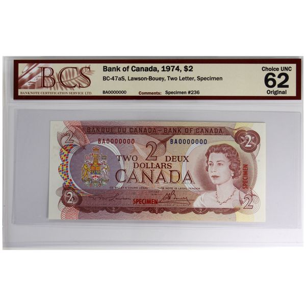 BC-47aS 1974 $2 Specimen BCS CUNC62 Original Lawson-Bouey SN: BA0000000, Specimen #236