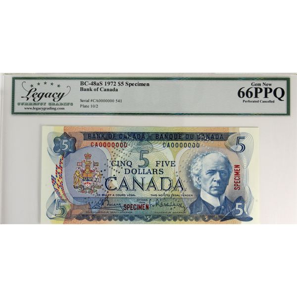 BC-48aS 1972 $5 Specimen" Legacy GEM UNC66 PPQ, Cancelled Bouey-Rasminsky SN: CA0000000 