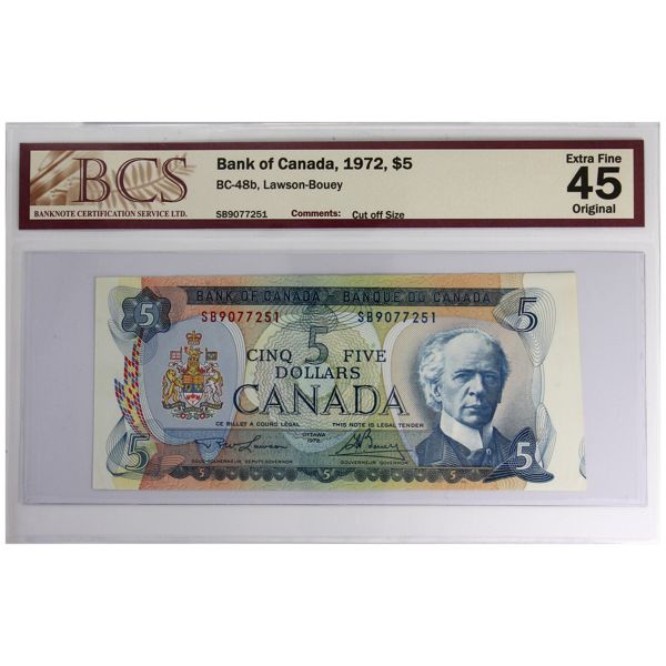 ERROR BC-48b 1972 $5 BCS EF45 Cut off Size Lawson-Bouey SN: SB9077251
