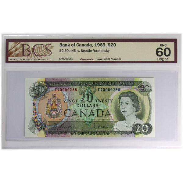BC-50a-N5-iv 1969 $20 Low Serial # EA0000258 BCS UNC60 Original Beattie-Rasminsky 