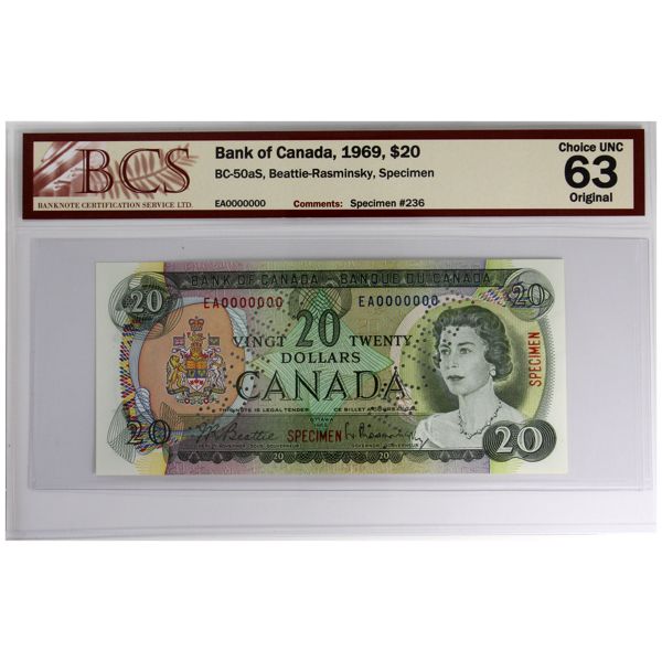 BC-50aS 1969 $20 Specimen BCS CUNC63 Beattie-Rasminsky SN: EA000000 Original, Specimen #236