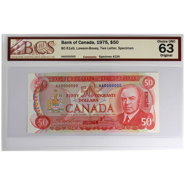 BC-51aS 1975 $50 Specimen BCS CUNC63 Original Lawson-Bouey SN: HA0000000 Specimen #236
