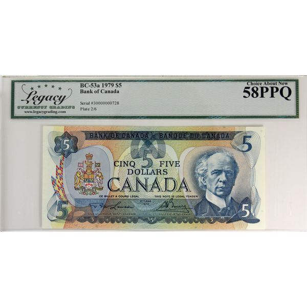 BC-53a 1979 $5 Low Serial # 30000000728 Legacy AU58 PPQ Lawson-Bouey 