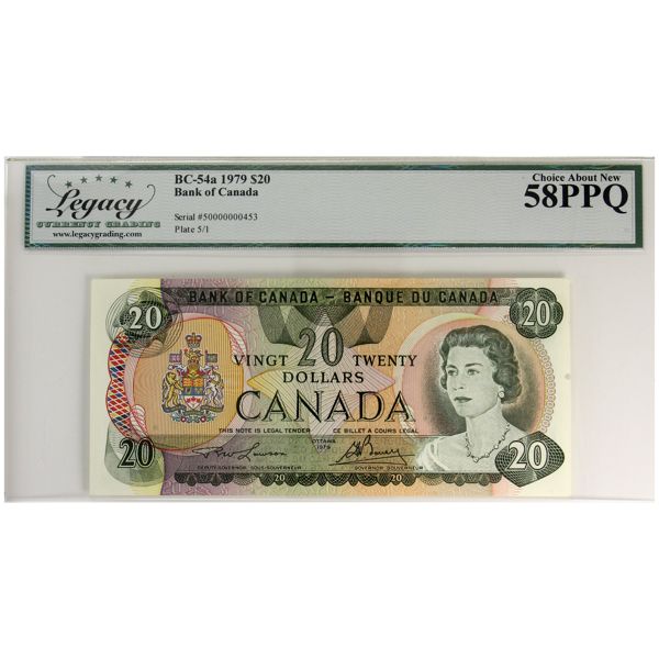 BC-54a 1979 $20 Low Serial # 50000000453 Legacy AU58 PPQ Lawson-Bouey 