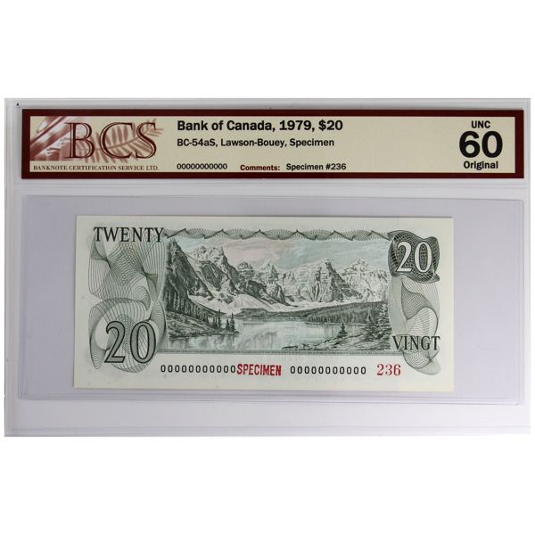 BC-54aS 1979 $20 Specimen BCS UNC60 Original Lawson-Bouey SN: 00000000000 Specimen #236
