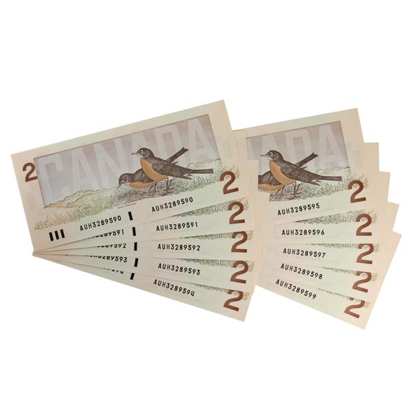 BC-55a 1986 $2 Consecutive UNC or + Crow-Bouey SN: AUH3289590-AUH3289599. 10pcs
